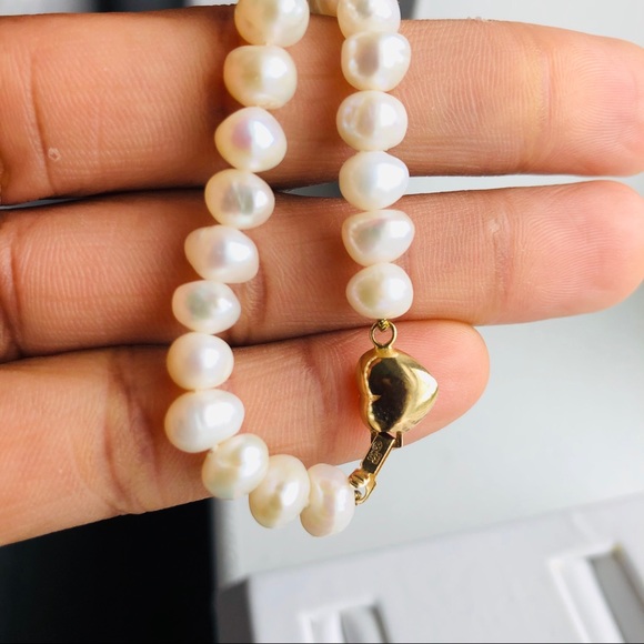 Vintage 14K Gold Ruby Heart Gem Insert Pearl Bracelet - Picture 7 of 8